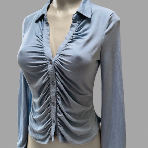 New Beautiful Blue Classic Button Down Ruched Collared Blouse - Picture 4 of 4